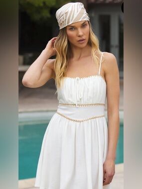 Vintage Havana White Mini Smocked Spaghetti Strap Dress with tan stitching